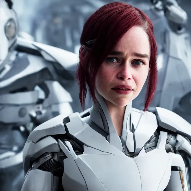 Image similar to scifi emilia clarke looks like ghost in the shell, extremely high detail, smiling woman, cyborg, photorealism, sony a 7 r