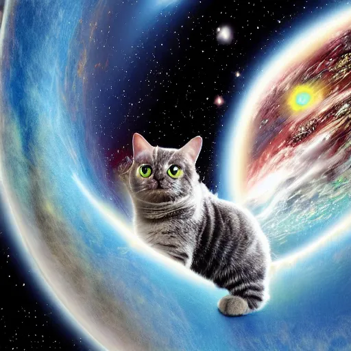 Image similar to ultrarealism, vast spaces, cosmic background, cat in space suit