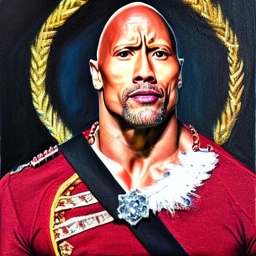 Image similar to dwayne johnson as the queen of england, portrait, oil on canvas