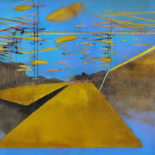 Image similar to goldenrod by sidney nolan weary. a mixed mediart of a group of flying islands, each with its own unique landscape, floating in the night sky. the islands are connected by a network of bridges. a small group of people can be seen walking along one of the bridges.