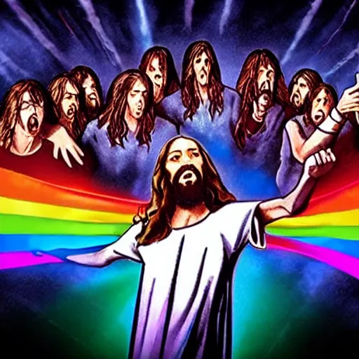 Prompt: Jesus sings in a power metal band, rainbow, crowd of humans