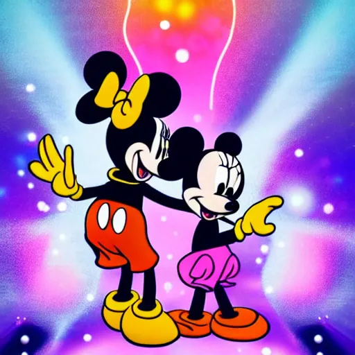 Image similar to ! dream minnie and mickey mouse doing lsd at a rave highly detailed digital photograph cinematic lighting