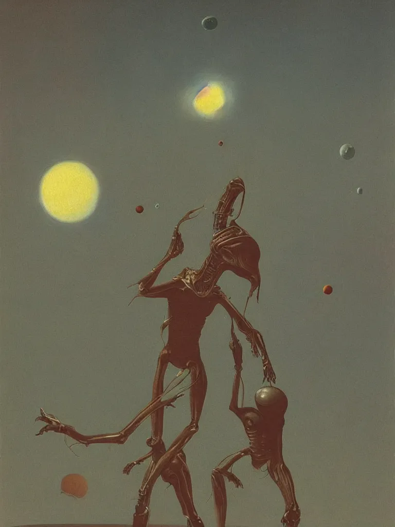 Image similar to alien wearing astronout suit and catch a planet on her hand edward hopper and james gilleard, zdzislaw beksinski highly detailed