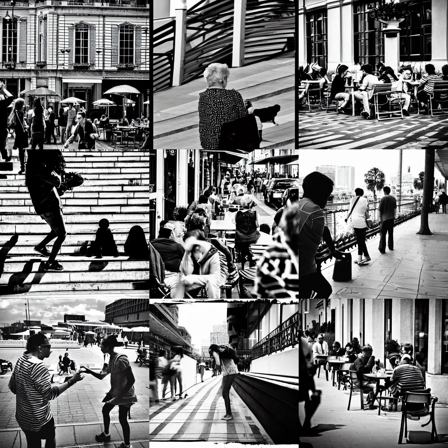 Prompt: At the terrace, people are antropomorphic animals. Black and white. Street photography. High contrast. Highly detailed