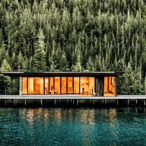 Image similar to wes anderson style modern house near the lake and forest, cinematic, realism, photo