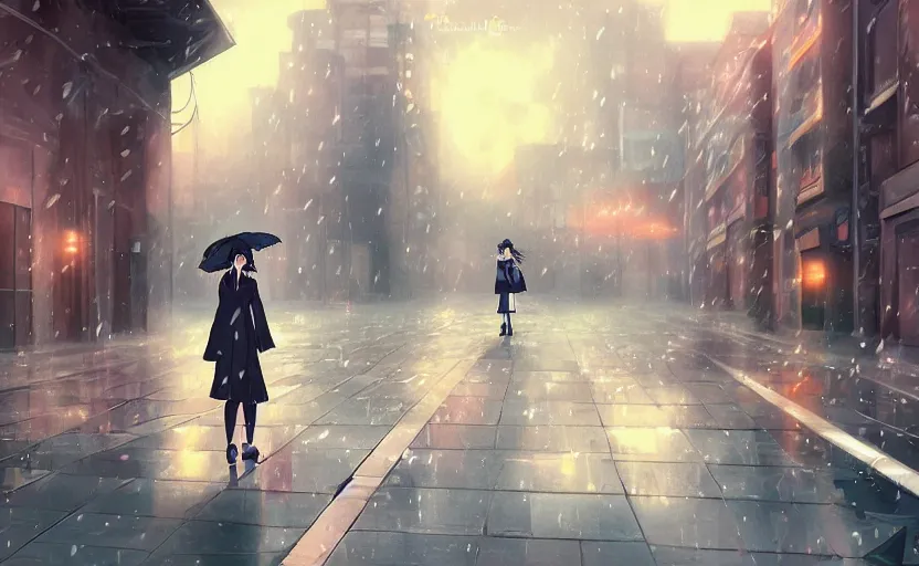 Image similar to An anime girl singing in the rain, her voice echoing through the empty city streets, anime scenery by Makoto Shinkai, digital art