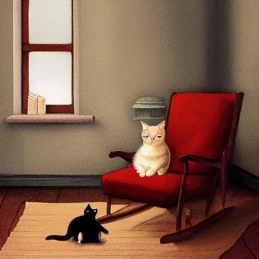 Prompt: “ cat reading a book, cozy chair in a warmly lit room, illustration, 8 k ”
