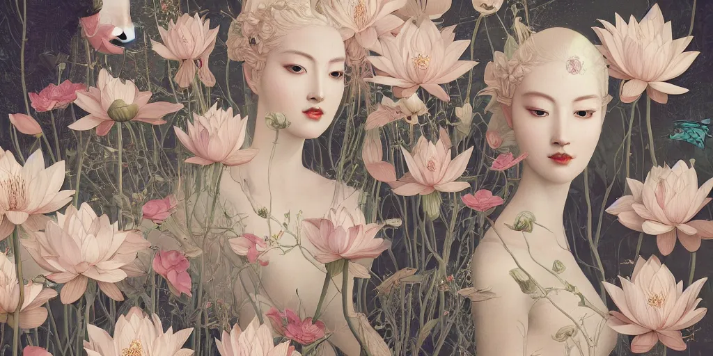 Image similar to breathtaking detailed concept art painting art deco pattern of blonde faces goddesses amalmation lotus flowers with anxious piercing eyes and blend of flowers and birds, by hsiao - ron cheng and john james audubon, bizarre compositions, exquisite detail, extremely moody lighting, 8 k