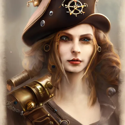 Image similar to beautiful futuristic young woman as a steampunk pirate captain, airship, thunderstorm, diffuse lighting, fantasy, intricate, highly detailed, lifelike, photorealistic, digital painting, artstation, illustration, concept art, smooth, sharp focus