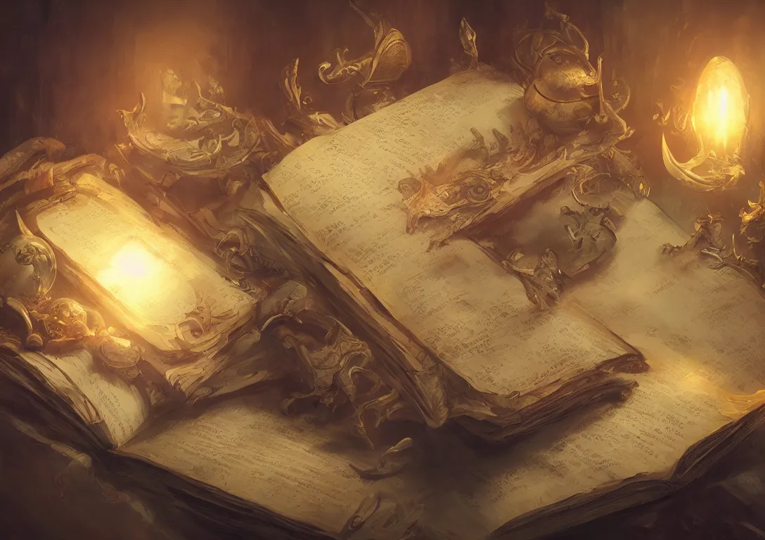 Image similar to a painting of a magical book laying open on a desk, fantasy concept art, golden hour, cinematic lighting, highly detailed