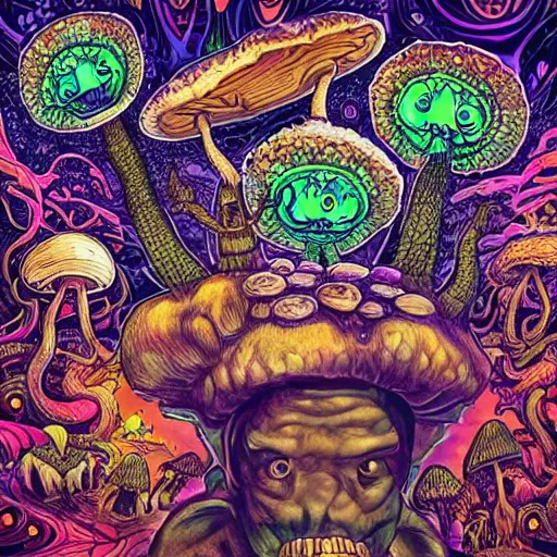 Prompt: Joe Rogan and Aliens eating mushrooms, psychedelic, hyperdetailed, trending on instagram, 4k