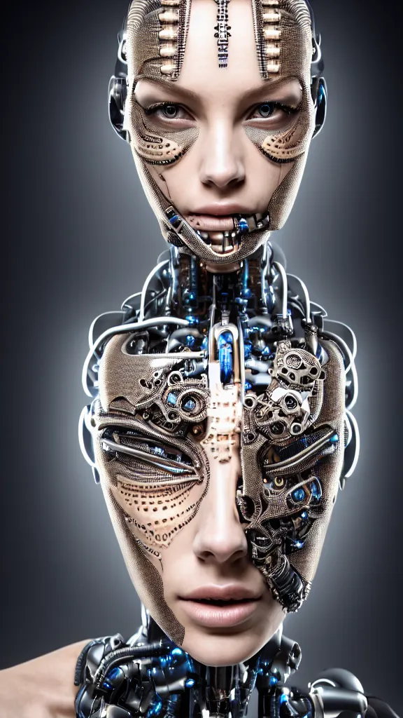 Prompt: a stunning young female cyborg profile face, face is made intricate tribal bio - mechanical, editorial photography, schlieren, depth of field, f / 2. 8, high contrast, 1 6 k, rays of shimmering light, volumetric lighting, shiny, insanely detailed and intricate, hypermaximalist, elegant, ornate, hyper realistic, super detailed