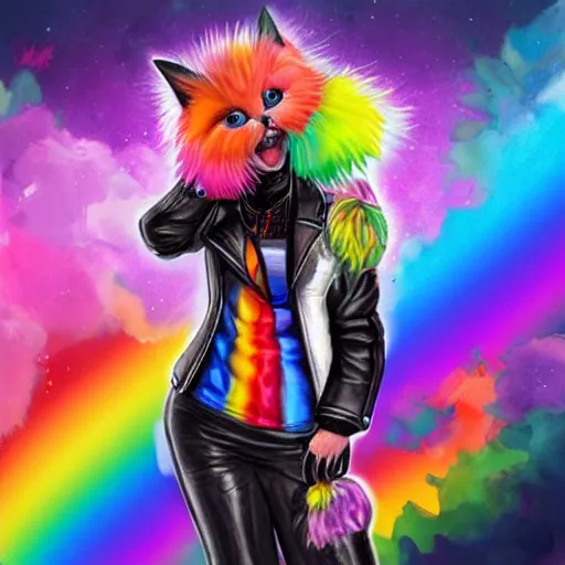 Image similar to wide angle full body, jacket wearing fluffy cute rainbow kitten wearing a black leather motorcycle jacket, concept art