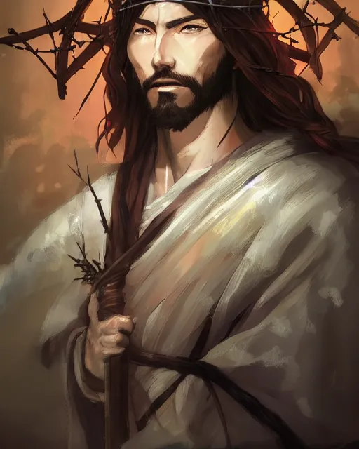 Prompt: an anime portrait of jesus as a beautiful man wearing a kimono and a crown of thorns from skyrim, by stanley artgerm lau, wlop, rossdraws, james jean, andrei riabovitchev, marc simonetti, and sakimichan, trending on artstation