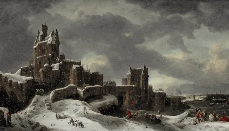 Image similar to huge castle upon a hill covered in snow with a dark cloudy stormy sky, striking landscape, dramatic scene during the first anglo - dutch war painted by jan beerstraaten