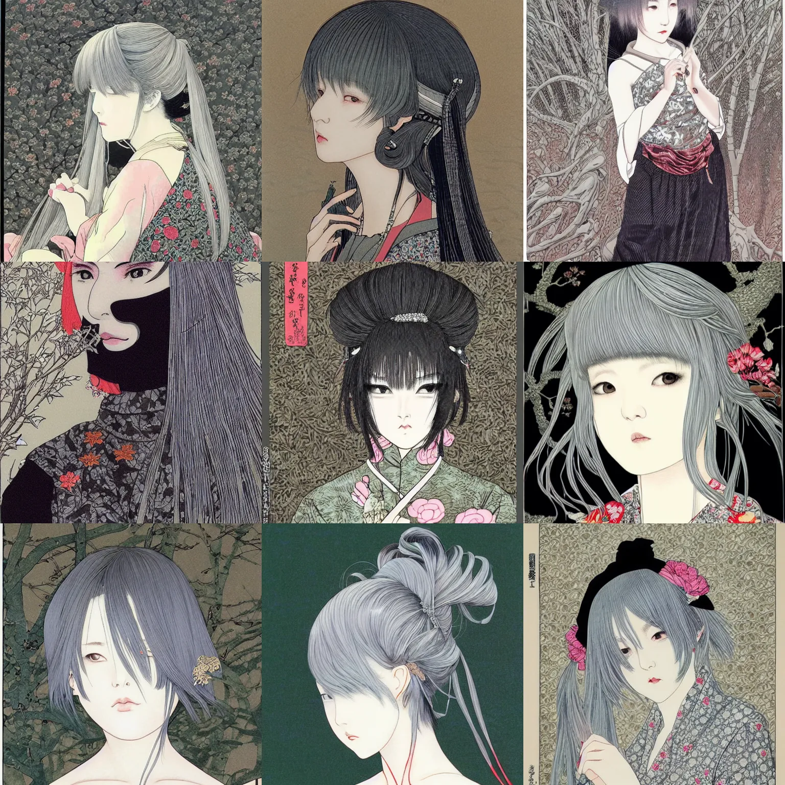 Prompt: girl silver hair, multicam, Takato Yamamoto style
