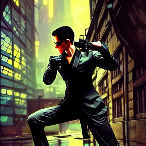 Image similar to fast fit good looking man in bullet time, action pose, like matrix, cyberpunk, photorealistic, highly detailed, masterpiece, by alphonse mucha