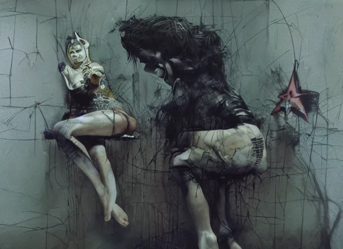 Image similar to wild underground scene from a 7 0's movie by chris cunningham, kenneth anger and alejandro jodorowsky : : surreal dream scene of actresses turning into animals in urban setting : : close - up, concept art, painting by enki bilal, tim walker, adrian ghenie 4 k