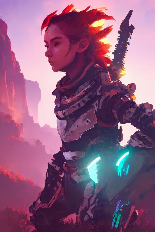 Image similar to combination suit armor aloy horizon forbidden west horizon zero dawn radiating a glowing aura global illumination ray tracing hdr fanart arstation by ian pesty and alena aenami artworks in 4 k tribal robot ninja mask helmet backpack