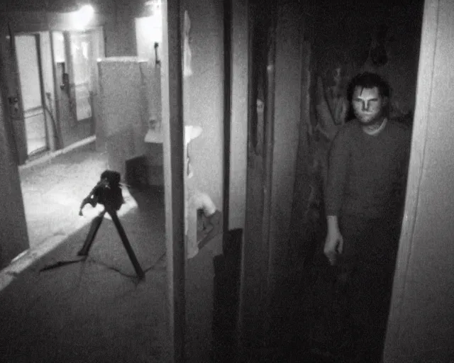 Image similar to aggressive psychopath looking at camera, horror lighting, at night, cctv footage, in the twilight zone