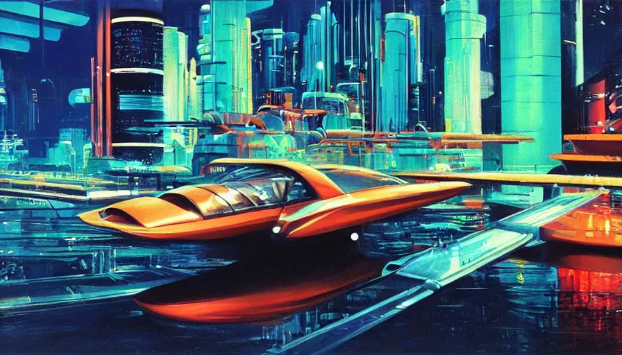 Prompt: Retro futuristic vehicle in a colorful urban landscape, neon lights reflecting in water, sci-fi concept art, by Syd Mead, highly detailed, oil on canvas