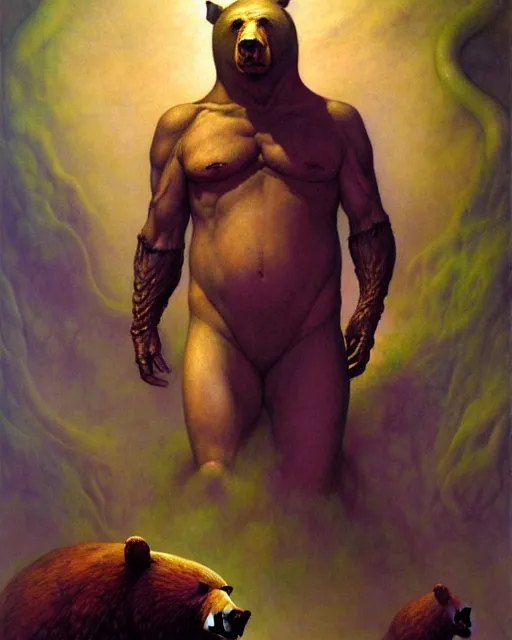 Prompt: portrait of bear in the style of wayne barlowe, gustav moreau, peter mohrbacher, bussiere, roberto ferri, santiago caruso, luis ricardo falero, austin osman spare, boris vallejo, hajime sorayama, frazetta