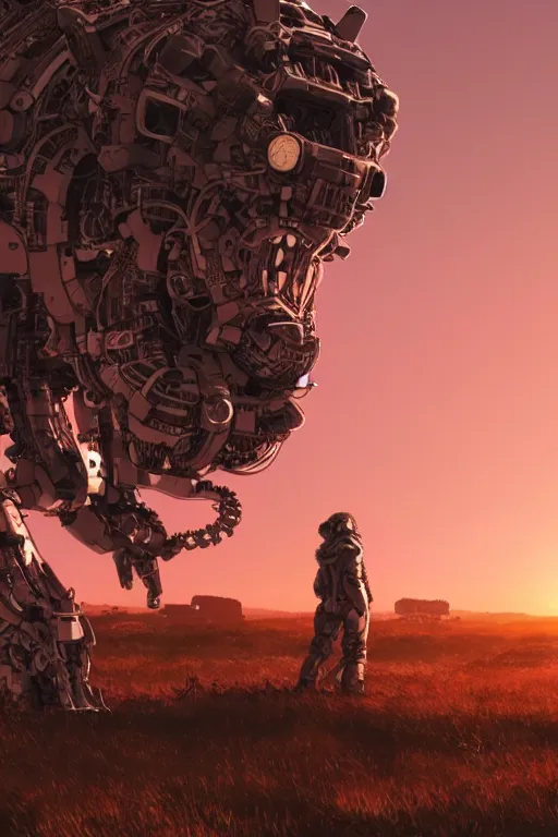 Image similar to A real photo of a Mechanical Bear and the sunset in the distance, by Josan Gonzalez, Yoji Shinkawa and Geof Darrow, highly detailed, Unreal Engine Render, 3D, 8k wallpaper