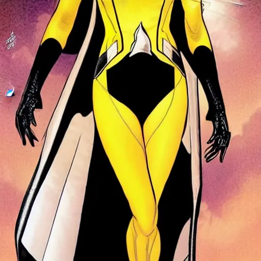 Prompt: rebecca romijn as number one, star trek strange new worlds, dark-hair, yellow and black uniform, intricate, elegant, highly detailed, smooth, sharp focus, full body, detailed face, high contrast, graphic novel, art by Ardian Syaf and Pepe Larraz,