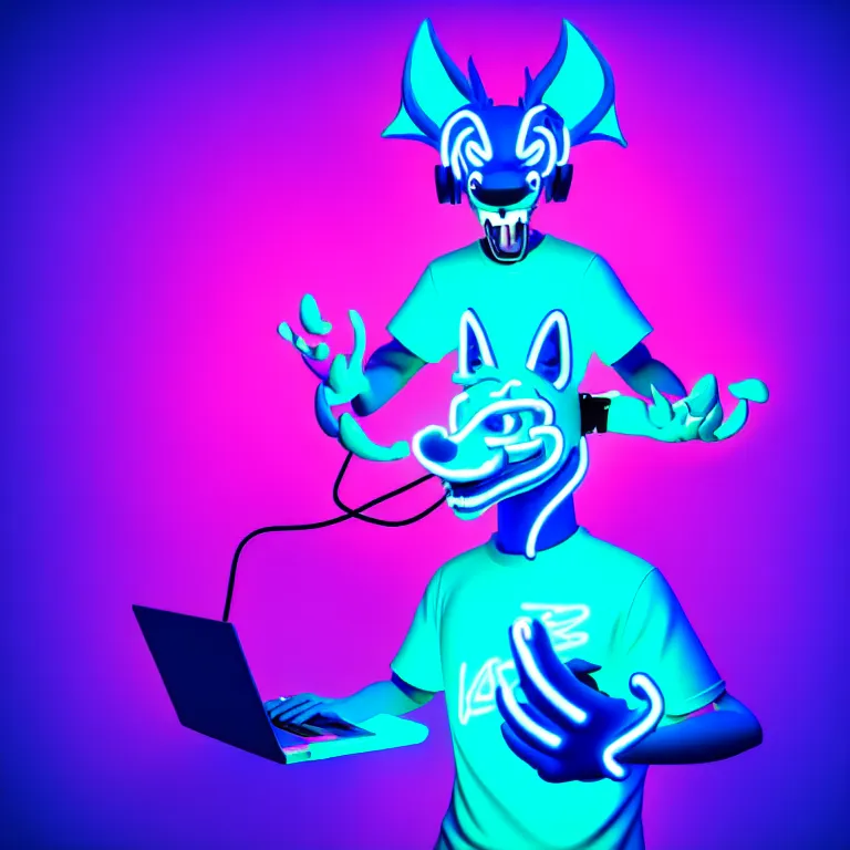 Image similar to an anthropomorphic male blue dragon fursona wearing an indigo t - shirt, headphones on his head, laptop, neon lights, furry, vivid saturation, 3 d render, octane render