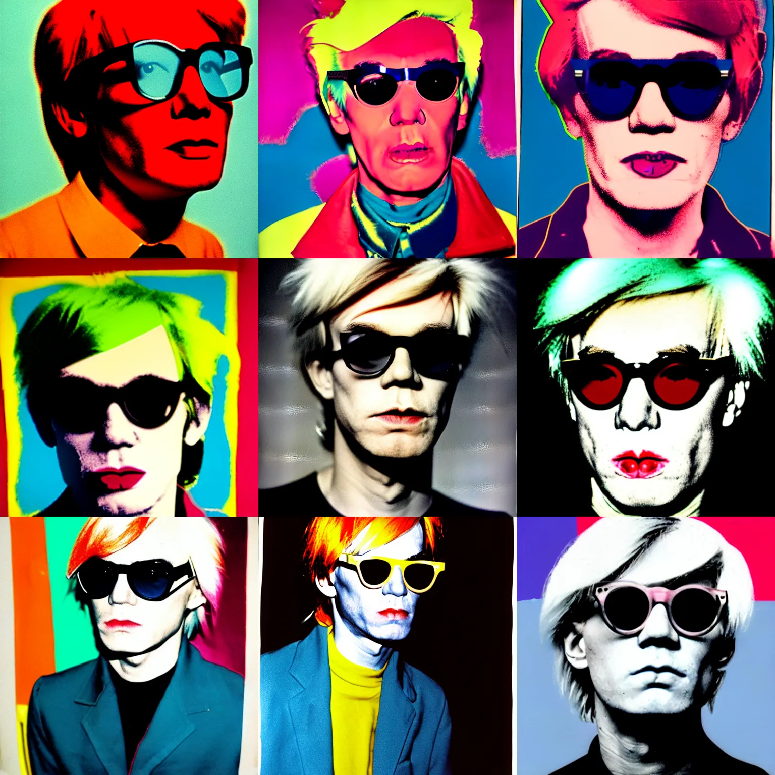 Prompt: colour portrait of absolutely angry andy warhol aged 20 looking sternly straight into the camera and wearing designer sun glasses, in the style of andy warhol