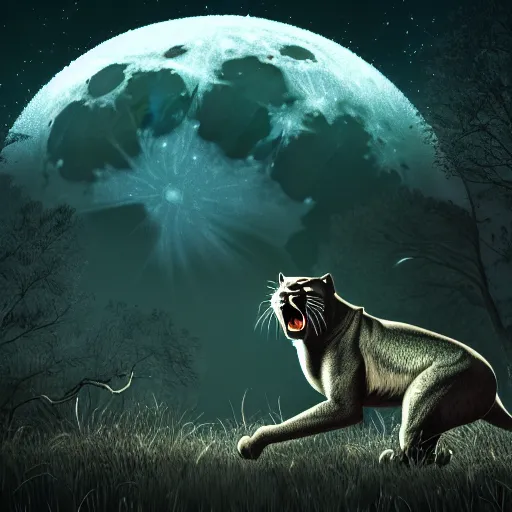 Image similar to a panther roaring at the moon in a forest during the night, large moon in the center. high quality. artistic. illustration. 4 k. cinematic. photoreal. highly detailed. dramatic. dark colors. night.