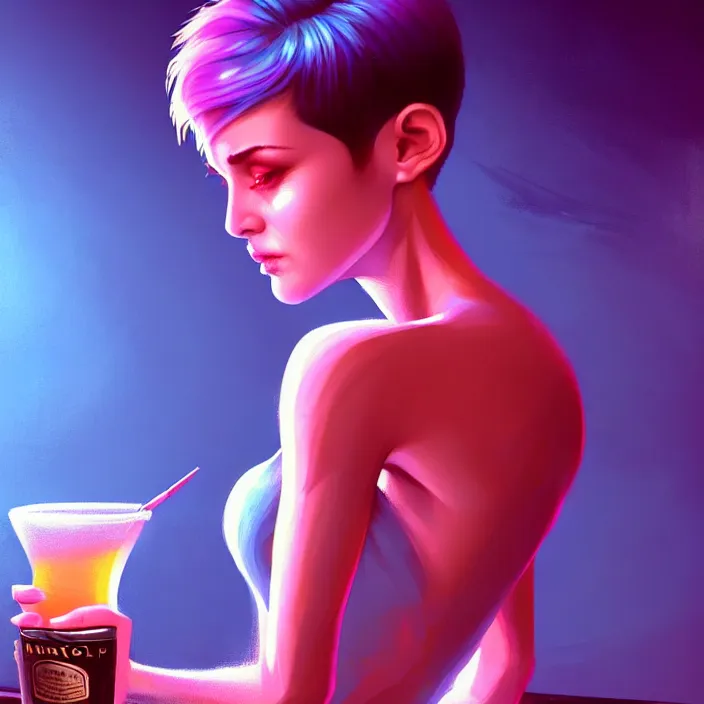 Prompt: a young sophisticated beautiful barmaid, dimly lit dive bar, hip modern vibe, relaxed pose, pixie cut with shaved side hair, wild, highly detailed, digital painting, artstation, sharp focus, illustration, artwork by ross tran + ramond swanland + liam wong, perfect facial symmetry + dim volumetric lighting, vibrant deep colors, 🍸, 8k octane beautifully detailed render, post-processing, extremely hyperdetailed, epic composition, grim yet sparkling atmosphere, cinematic lighting + masterpiece, Art Nouveau, unreal engine, hyperrealistic, old english, sepia