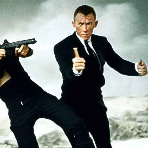 Prompt: Epic Action Scene of James Bond and Rick Astley fighting villains