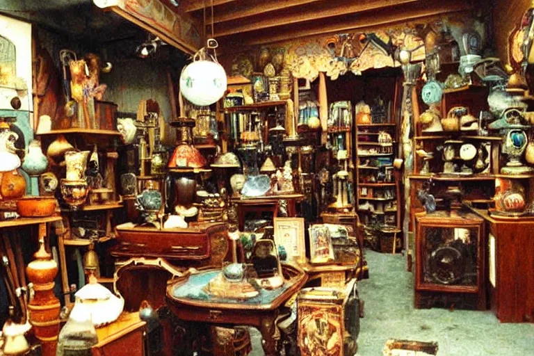 Prompt: vintage 3 5 mm color photo of the interior of a mystical antique shop with strange artifacts