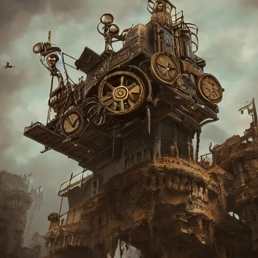 Image similar to a flying steampunk fortress, extremely detailed, behrens style, octane render, fantasy digital art, beautiful composition, trending on artstation