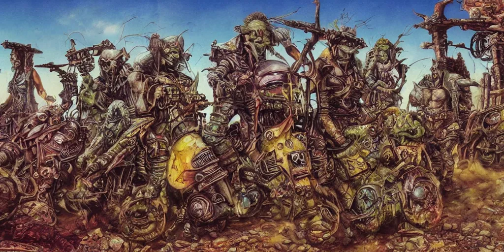 Image similar to psychedelic post apocalyptic orcish biker gang, scifi city ruins, sharp focus, psychedelic colors, boris vallejo, michael whelan