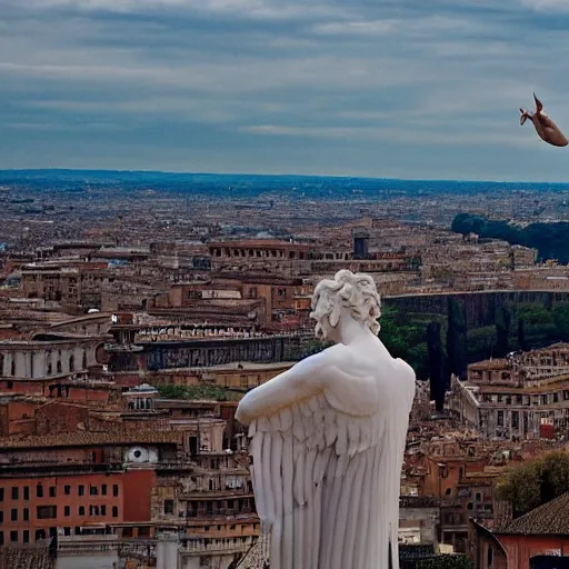 Prompt: An Angel from a Michelangelo painting flies over the cityscape of Rome. He looks tired. Filmed in the style of Wim Wenders. Cinematic, 50mm, highly intricate in technicolor