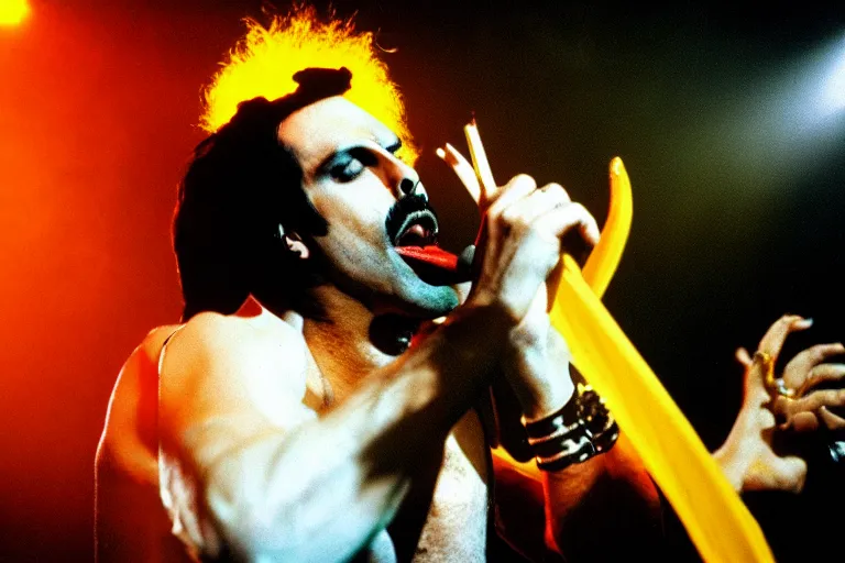 Image similar to freddie mercury queen singing at a death metal punk concert. mosh pit, elaborate clothing, violent rock concert yellow and white clothing, huge angel wings