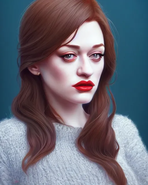 Image similar to andrea ivanova kat dennings christina hendricks dolly parton in wooly sweater, plump lips, by wlop and ilya kuvshinov and artgerm,, gorgeous, stunning, alluring, artstation, deviantart, digital art