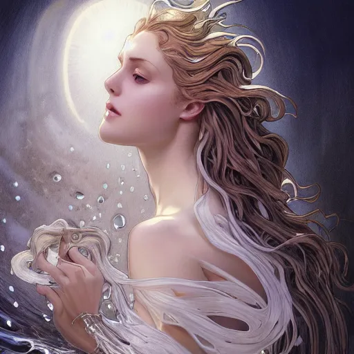 Image similar to a photograpic portrait of a anthropomorphic bioluminescent water wave wearing white clothes, fantasy, intricate, elegant, highly detailed, digital painting, artstation, concept art, smooth, sharp focus, illustration, art by artgerm and h r giger and alphonse mucha