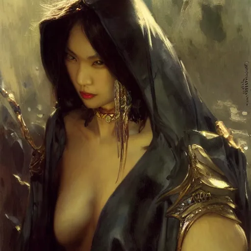 Image similar to detailed cinematic wide shot of beautiful attractive asian vampire woman slim face symettrical face clean skin black eyes black robe smooth, sharp focus, ultra realistic, spring light, painting by gaston bussiere, craig mullins, j. c. leyendecker