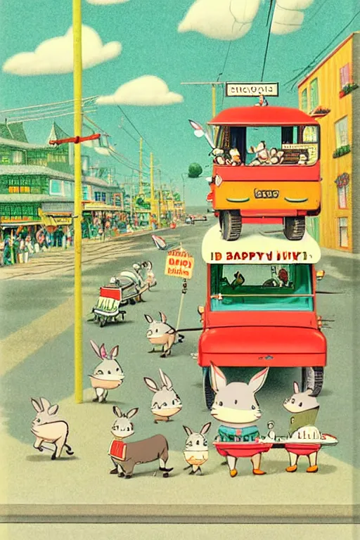 Prompt: by richard scarry. happy donkey a 1 9 5 0 s retro illustration. studio ghibli. muted colors, detailed