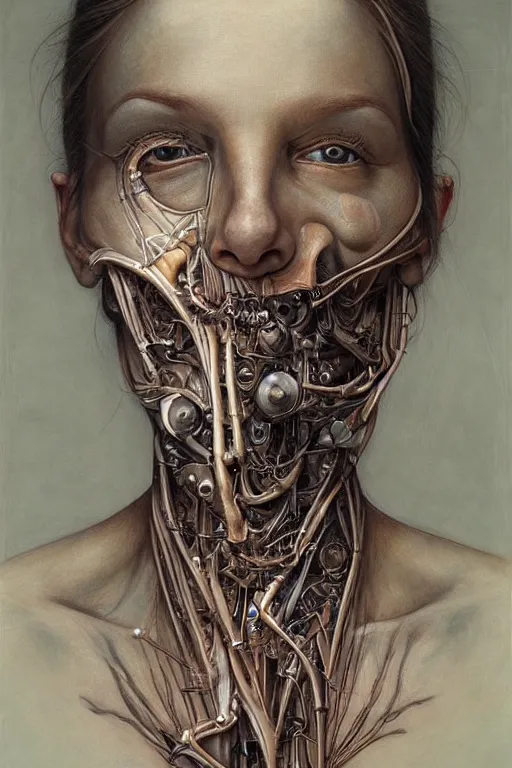 Image similar to beautiful portrait of biomechanical being by marco mazzoni, remnev andrey, detailed, realistic skin color