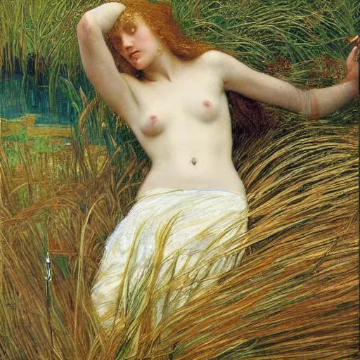 Image similar to breathtaking masterpiece of art, elizabeth eleanor siddall as ophelia floating on the water amongst the reeds by william holman hunt and rosetti, 8 k