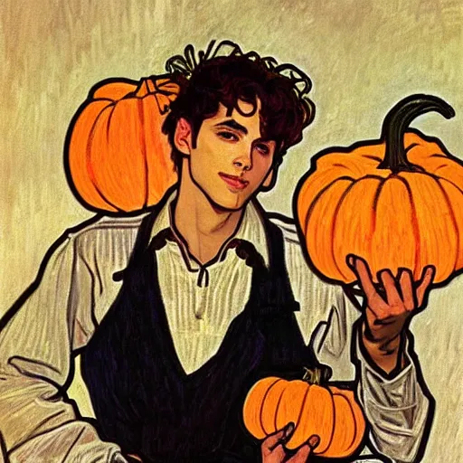 Image similar to painting of handsome young delicate beautiful jeffrey in his 2 0 s with brown hair and gorgeous rina together at the jack o'lantern halloween party holding pumpkins, elegant, clear, painting, stylized, art, art by alphonse mucha, vincent van gogh, egon schiele,