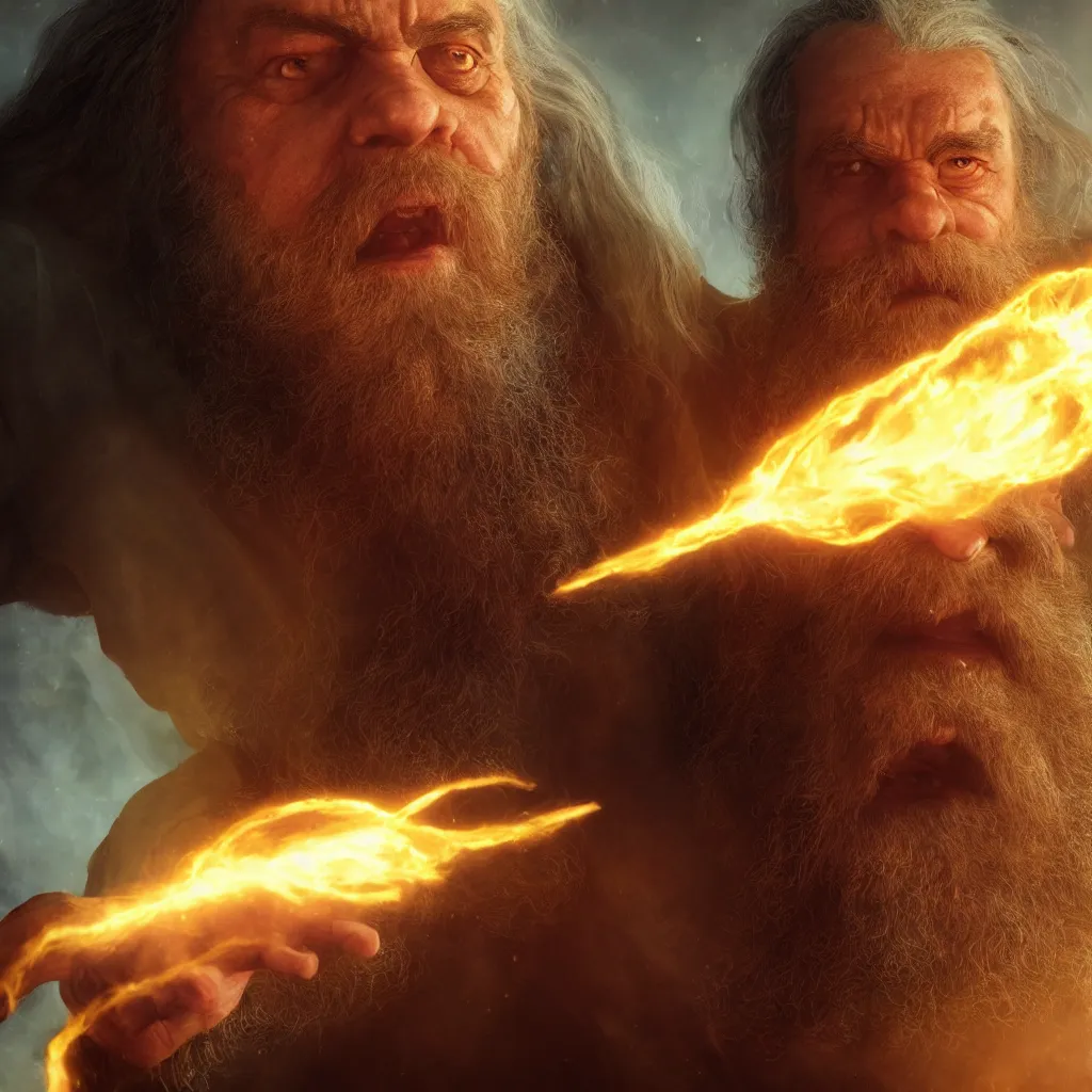 Image similar to Photorealistic cinematic close-up portrait of one angry dwarf wizard casting a fireball spell, by Larry Elmore and Steven Belledin . Magical occult photorealism, UHD, amazing depth, glowing, golden ratio, 3D octane cycle unreal engine 5, volumetric lighting, cinematic lighting, cgstation artstation concept art