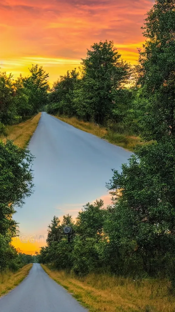 Prompt: beautiful sunset with a rural road of aligned trees, epic stock photo