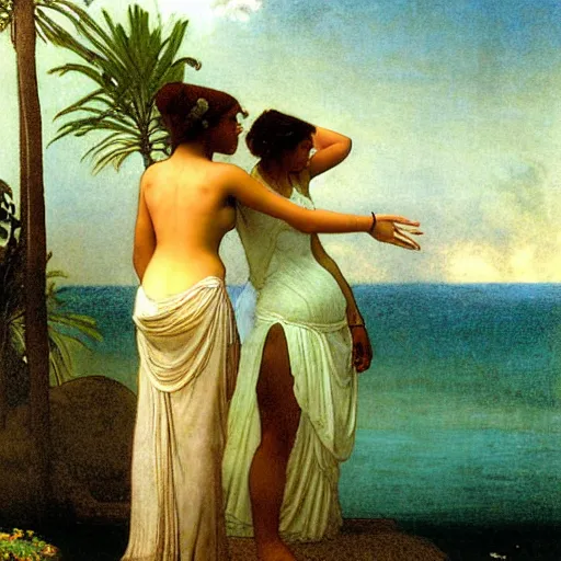 Image similar to Silhouette of two girls at the palace, thunderstorm, greek pool, beach and palm trees on the background major arcana sky, by paul delaroche, alphonse mucha and arnold böcklin arnold böcklin hyperrealistic 8k, very detailed