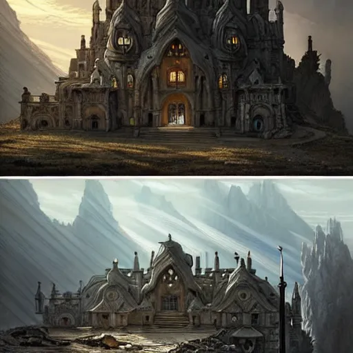 Image similar to concept art of a ruined post - apocalyptic sci - fi monastery at the top of a mountain, ultra realistic, concept art, intricate details, eerie, highly detailed, photorealistic, octane render, 8 k, unreal engine. art by artgerm and greg rutkowski and alphonse mucha