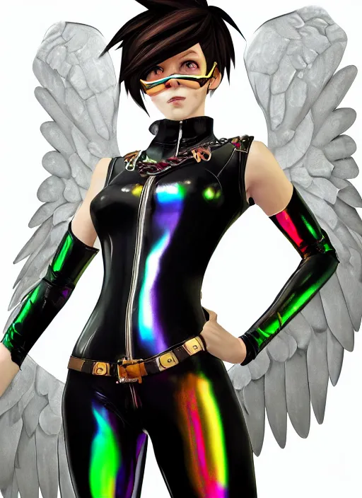 Prompt: portrait digital artwork of tracer overwatch, wearing iridescent rainbow latex and leather straps catsuit outfit, in style of mark arian, angel wings, dramatic painting, wearing detailed leather collar, chains, black leather harness, detailed face and eyes,